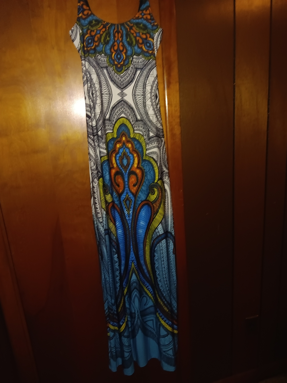 Sleeveless Boho Maxi Dress in Blue, Orange & Green